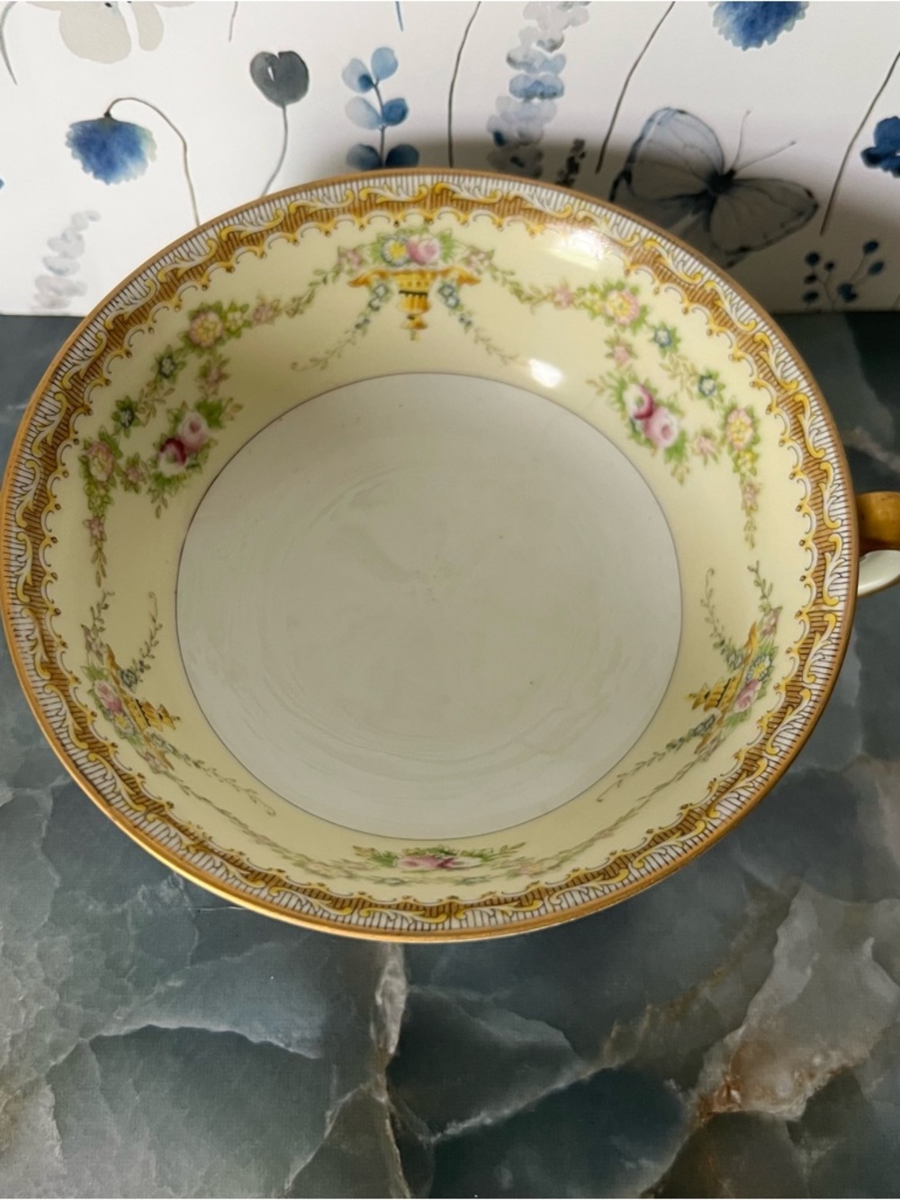 Vintage Noritake Porcelain Cream Soup Bowl | Gold Gilt Floral Rose Garland